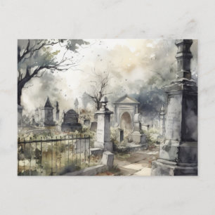 Postal Festiva Halloween, un cementerio gris espeluznante y hermo