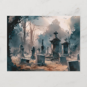 Postal Festiva Halloween, un cementerio gris espeluznante y hermo