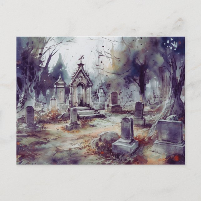 Postal Festiva Halloween, un cementerio gris espeluznante y hermo (Anverso)
