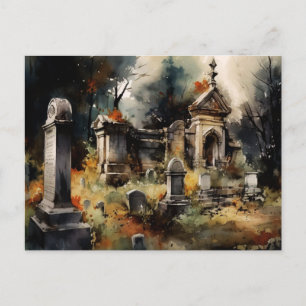 Postal Festiva Halloween, un cementerio gris espeluznante y hermo