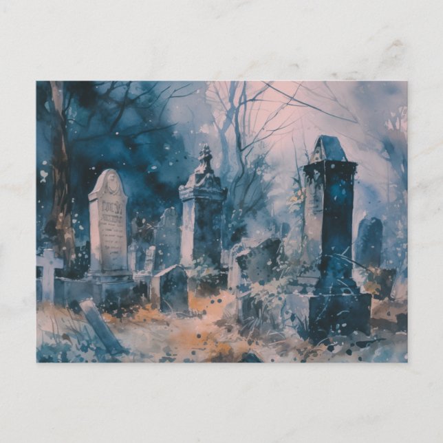 Postal Festiva Halloween, un cementerio gris espeluznante y hermo (Anverso)