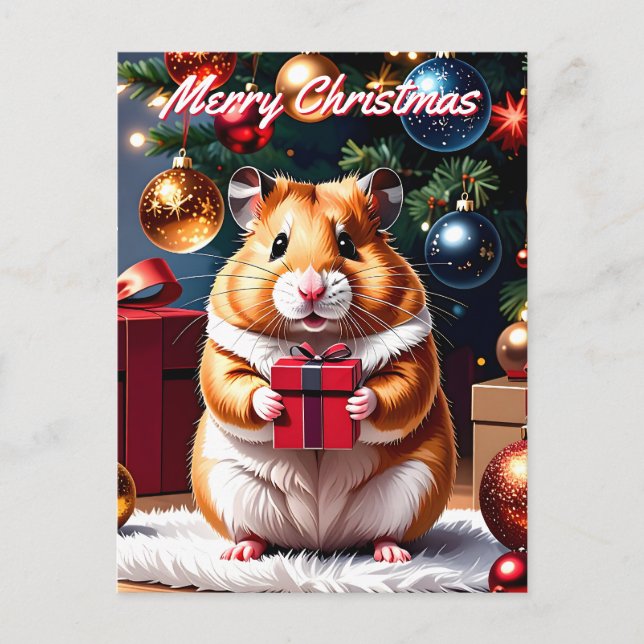 Postal Festiva Hamster con Navidades de regalo (Anverso)