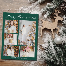 Postal Festiva Handwritten Merry Christmas Photo Collage Green