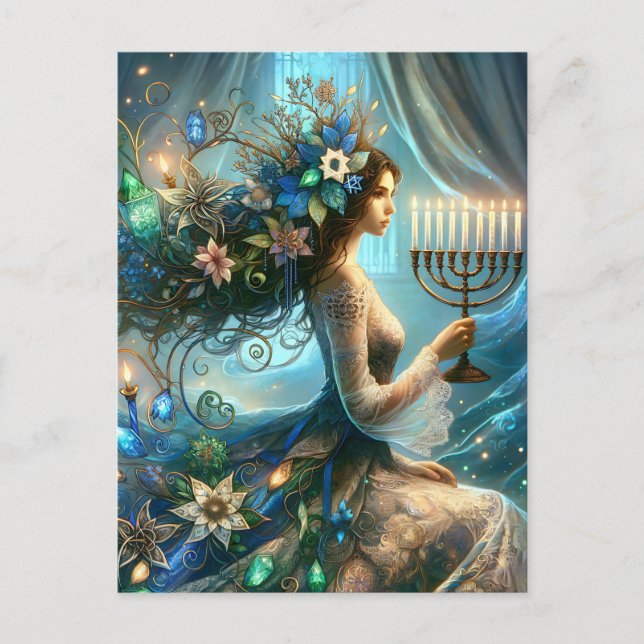 Postal Festiva Hannukah Mujer hermosa con Menorah (Anverso)