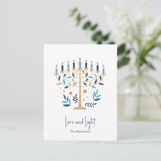 Postal Festiva Hanukkah Amor y Luz Floral Menorah (Anverso de pie)