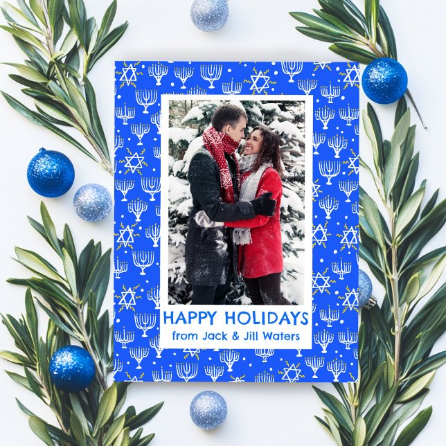 Postal Festiva Hanukkah arrasa con PERSONALIZADO de Menorahs FOTO (Hanukkah Stars Menorahs CUSTOM PHOTO Holiday Postcard
)