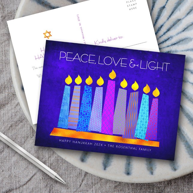 Postal Festiva Hanukkah Boho moderno Velas de paz azul Luz de amo (Subido por el creador)