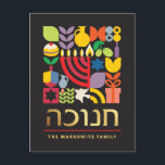 Postal Festiva Hanukkah Chanukah Menorah Estrellas judías Dreidel<br><div class="desc">Tarjeta de patrón geométrico moderno de color Hanukkah / Chanukah con Relieve metalizado dorado falso. Menorah, Dreidel, Donuts, Stars & Olive oil... Están todos aquí. Símbolos Hebreos y Judíos Hanukkah Espacio para agregar tu texto personalizado. Felices deseos de Hanukkah. El hebreo en el frente dice "Chanukah". Esta hermosa y lujosa...</div>