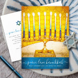 Postal Festiva Hanukkah Elegante Guión amarillo dorado Menorah Ve<br><div class="desc">"Paz, amor, Hanukkah". Un ilustracion fotográfico de primera mano de una brillante, colorida y dorada menorah sobre un fondo azul verde azulado texturado te ayuda a inaugurar las vacaciones de Hanukkah. Siente el calor y la alegría de la temporada de vacaciones cada vez que envíe esta impresionante y colorida postal...</div>