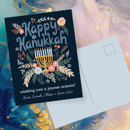 Postal Festiva Hanukkah FLorals PERSONALIZADO de arte dibujado a 