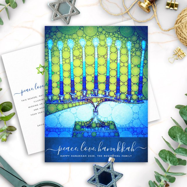 Postal Festiva Hanukkah Guión moderno Menorah verde azul estilo (Subido por el creador)
