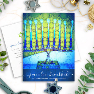 Postal Festiva Hanukkah Moderno Menorá Azul Verde Estiloso