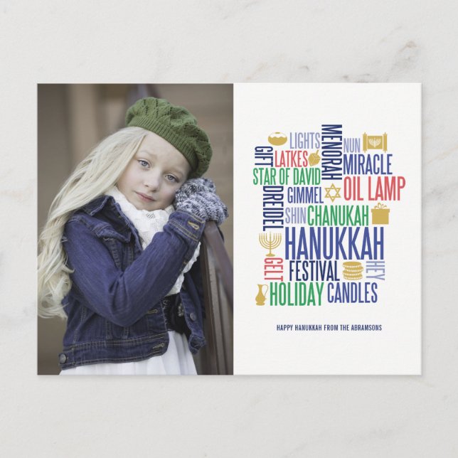 Postal Festiva Hanukkah Palabras Fotos de Festividades (Anverso)