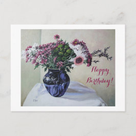 Postal Festiva Happy Birday fine art vintage color rosa Flores Ca