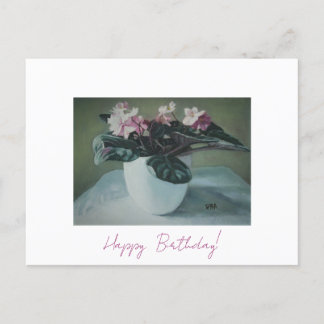 Postal Festiva Happy Birday fine art vintage color rosa Flores Ca