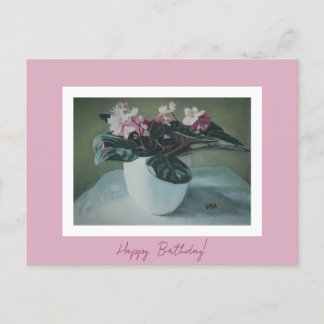 Postal Festiva Happy Birday fine art vintage color rosa Flores Ca