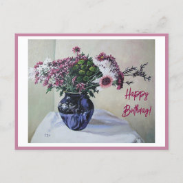 Postal Festiva Happy Birday fine art vintage color rosa Flores Ca