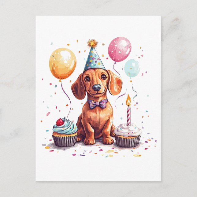 Postal Festiva Happy Birthday Dachshund Dog  (Anverso)