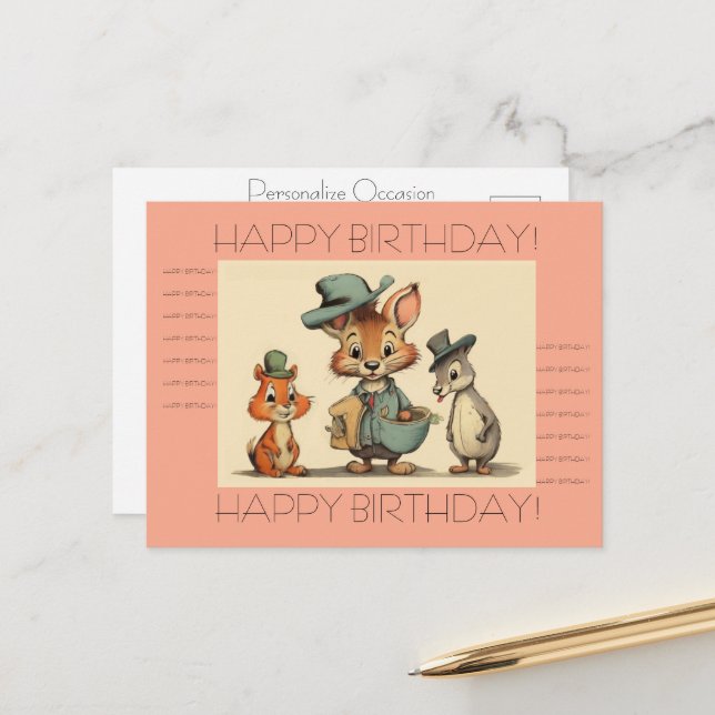 Postal Festiva Happy Birthday Funny Cute Animal Cartoon Couriers  (Anverso/Reverso In Situ)