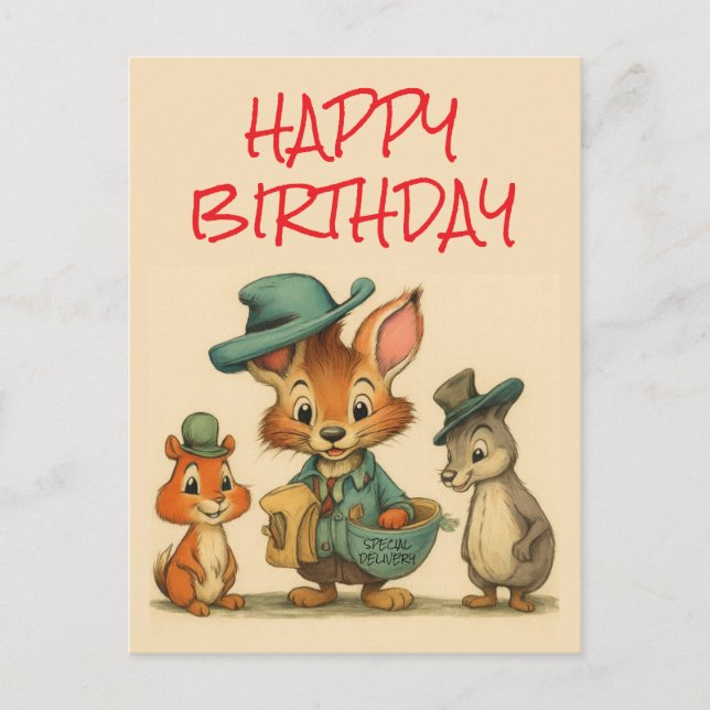 Postal Festiva Happy Birthday Funny Cute Cartoon Animal Couriers  (Anverso)