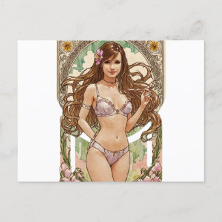 Postal Festiva Happy Brunette V2 Mucha Style Art