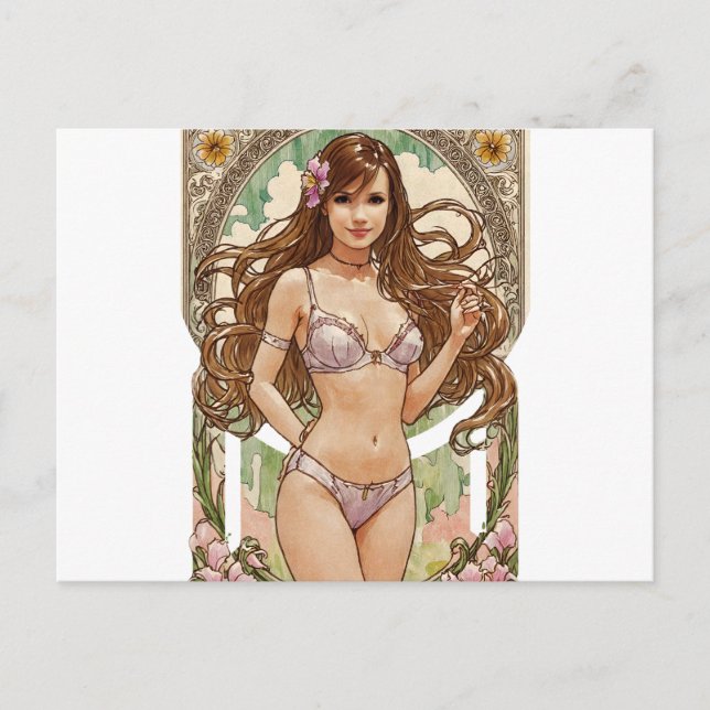 Postal Festiva Happy Brunette V2 Mucha Style Art (Anverso)