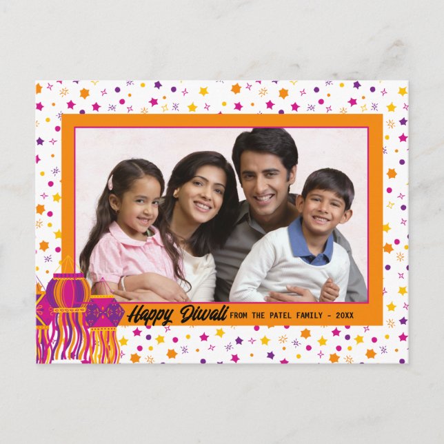 Postal Festiva Happy Diwali Photo Colored Pink Purple Lantern (Anverso)