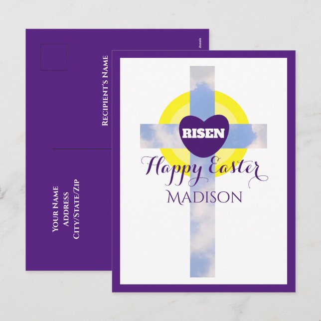 Postal Festiva Happy Easter Blue Sky Cross Custom Name Purple (Anverso / Reverso)
