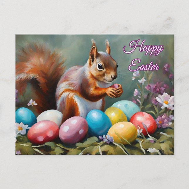 Postal Festiva Happy Easter Squirrel with Easter Eggs, Flowers  (Anverso)