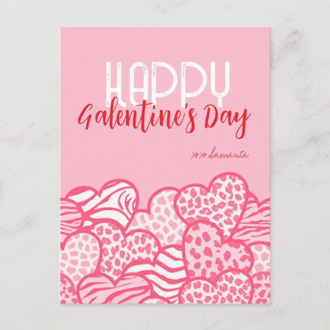 Postal Festiva Happy Galentine Rubor Pink Animal Print Heart Name (Anverso)
