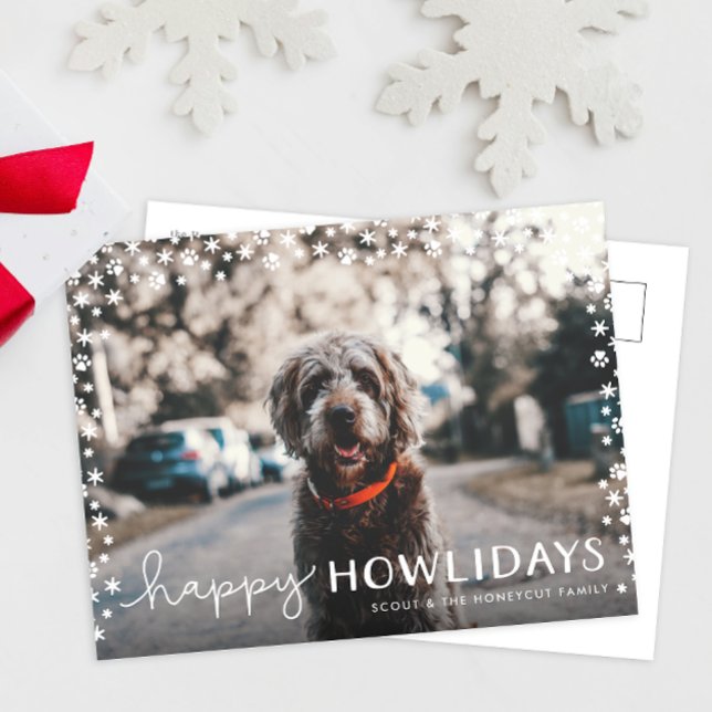 Postal Festiva Happy Howlidays Pet Lover Holiday Photo Postcard (funny Happy Holidays pet dog Christmas holiday postcard with snowflakes and paw print border )