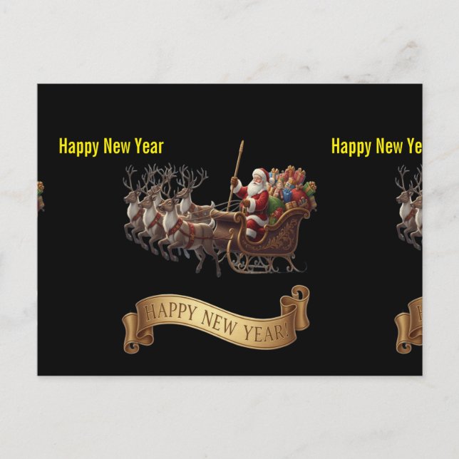 Postal Festiva Happy New Year 2026 – Santa Sleigh on Black (Anverso)
