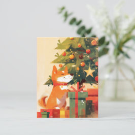 Postal Festiva Happy Shiba Inu beside Christmas Tree and Gifts