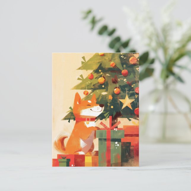 Postal Festiva Happy Shiba Inu beside Christmas Tree and Gifts (Anverso de pie)