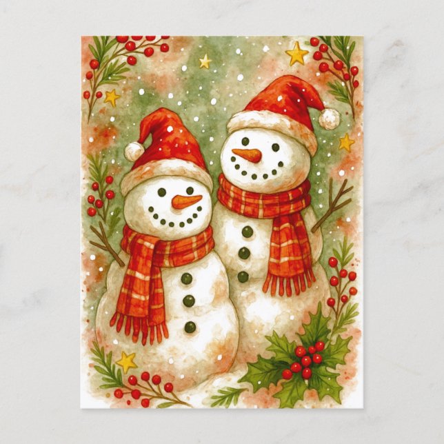 Postal Festiva Happy Snowman Friends Christmas Holiday Postcard (Anverso)