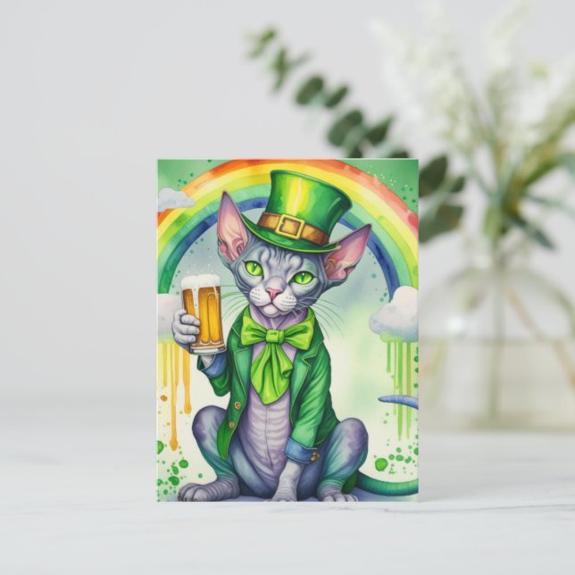 Postal Festiva Happy St. Patrick's Day Postcard | Gato Sphynx (Anverso de pie)