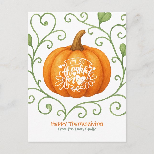 Postal Festiva Happy Thanksgiving Thankful Scroll Pumpkin  (Anverso)