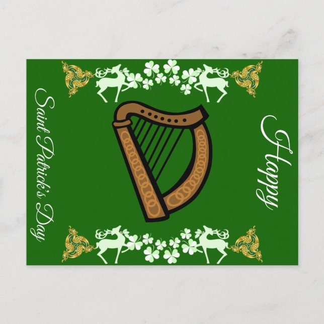 Postal Festiva Harpón Antiguo Día de San Patricio Trébol Celta (Anverso)