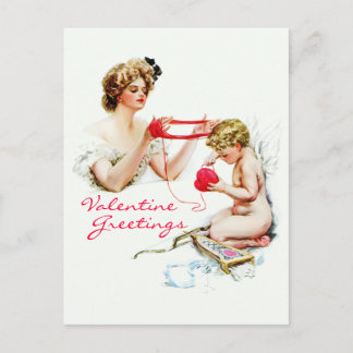 Postal Festiva Harrison Fisher: Mujer con Cupido