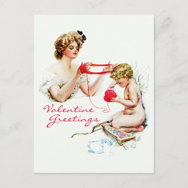 Postal Festiva Harrison Fisher: Mujer con Cupido (Anverso)