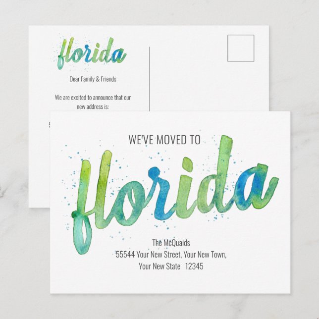 Postal Festiva Hemos movido la acuarela escrita a mano en Florida (Anverso / Reverso)