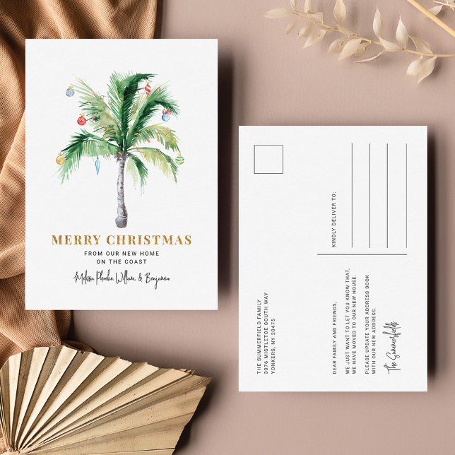 Postal Festiva Hemos mudado Navidades vacaciones Palm Tree movién (Palm Tree Christmas Moving Coastal New Holiday Address Announcement Postcard)