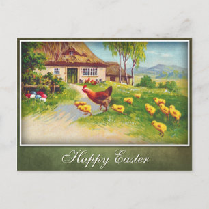 Postal Festiva Hen, pollos y huevos de Pascua