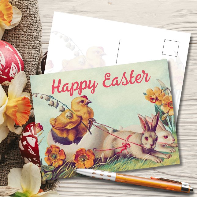 Postal Festiva Hen vintage y Bunny Carrier Easter (Subido por el creador)