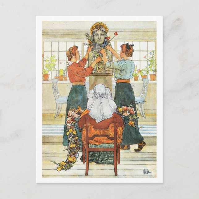 Postal Festiva Hermanas decorando para vacaciones (Anverso)