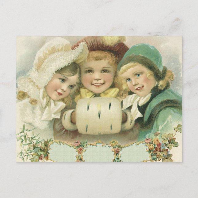 Postal Festiva Hermanas vintage de Navidad, niños victorianos (Anverso)
