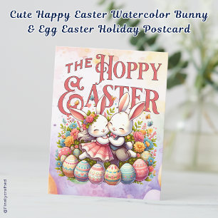Postal Festiva Hermosa acuarela Bunny Egg Feliz Pascua