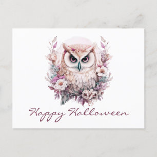 Postal Festiva Hermosa búho Floral Happy Halloween