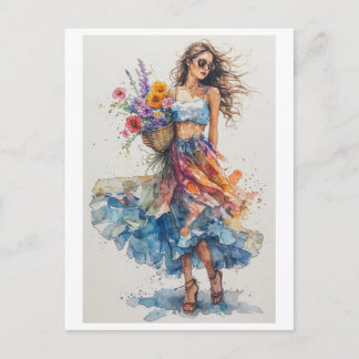 Postal Festiva Hermosa joven dama llevando flores en una