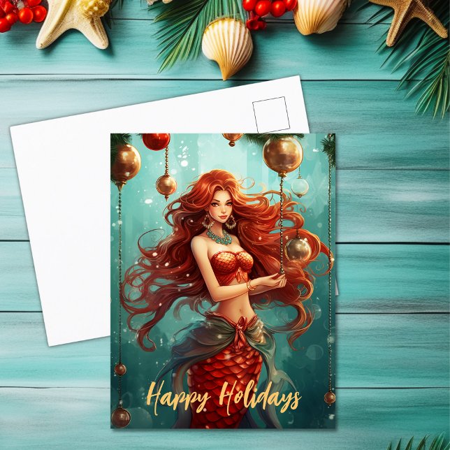 Postal Festiva Hermosa sirena feliz Navidades de vacaciones (Beautiful Mermaid Happy Holidays Christmas Holiday Postcard)